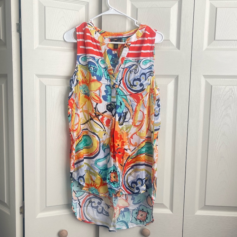 NWT Melissa Paige Multicolor Paisley Striped Sleeveless High-Low Top.  CONT i